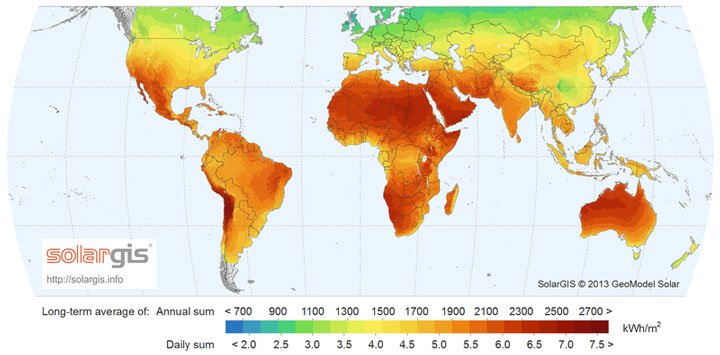 carte rayonnement solaire dans le monde