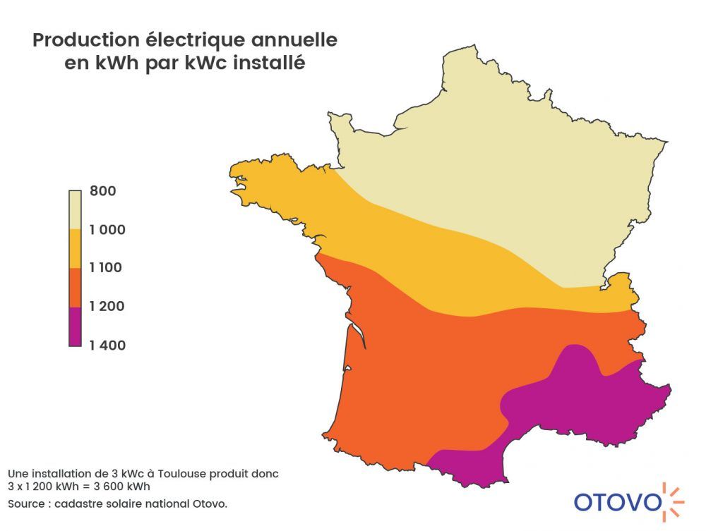 carte de production d'un kilowatt-crête de panneaux solaires en France