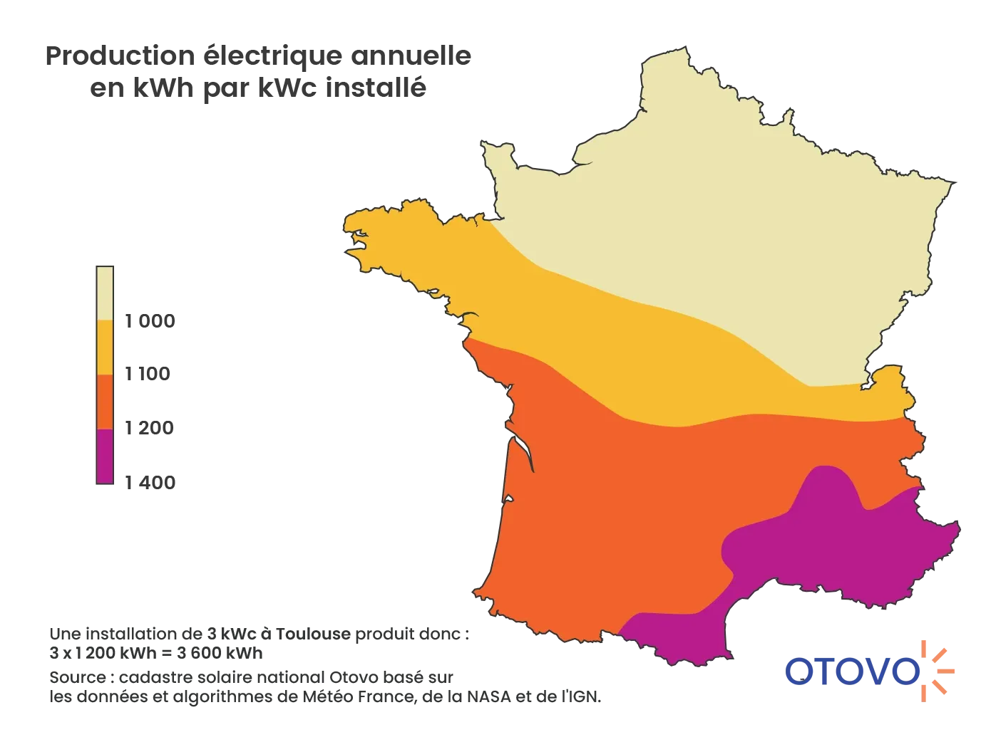 carte de production d'un kilowatt-crête de panneaux solaires en France